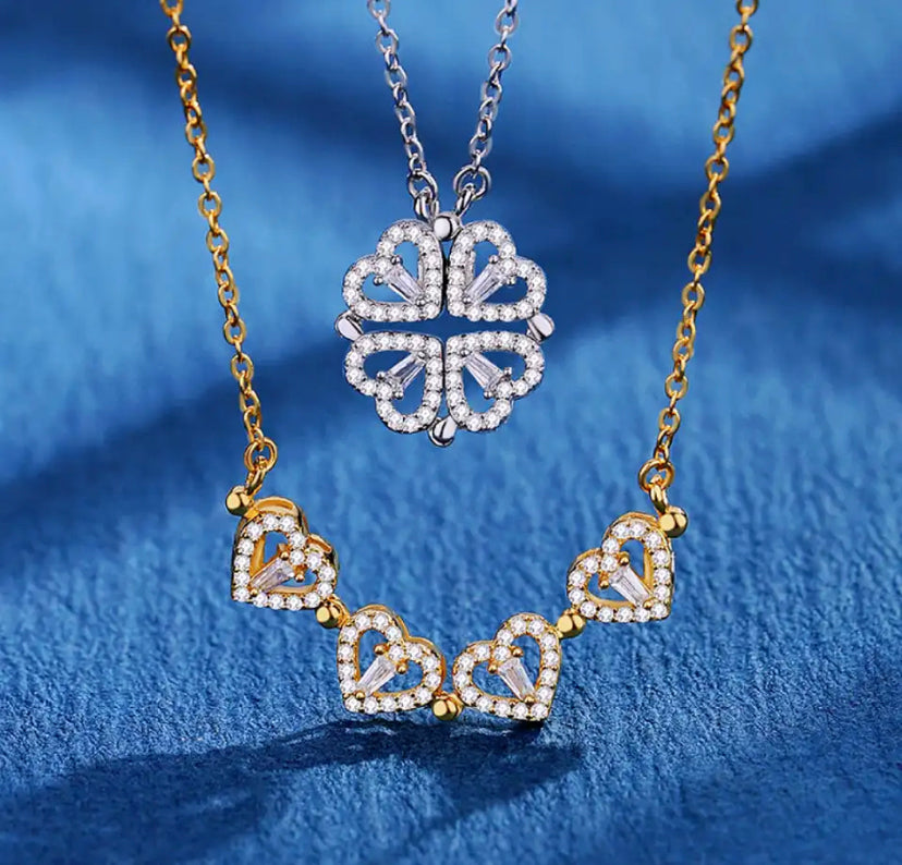 Magnetic Sparkly Heart Shape Four Leaf Clover Necklace