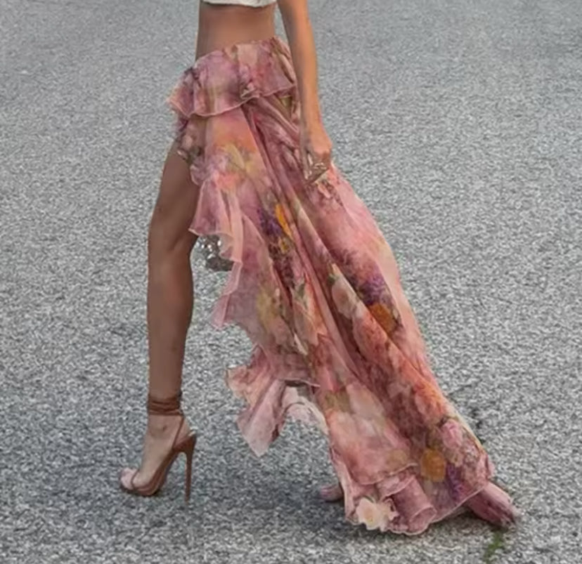 Floral Print Mesh Skirt
