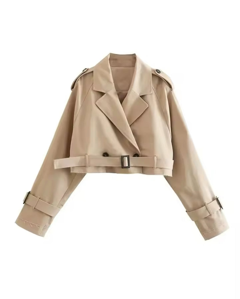Cropped Belted Trench Coat Jacket