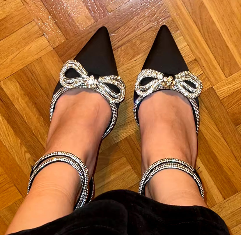 Sparkle Bow Detail Wrap-Around Satin Point-Toe Heels