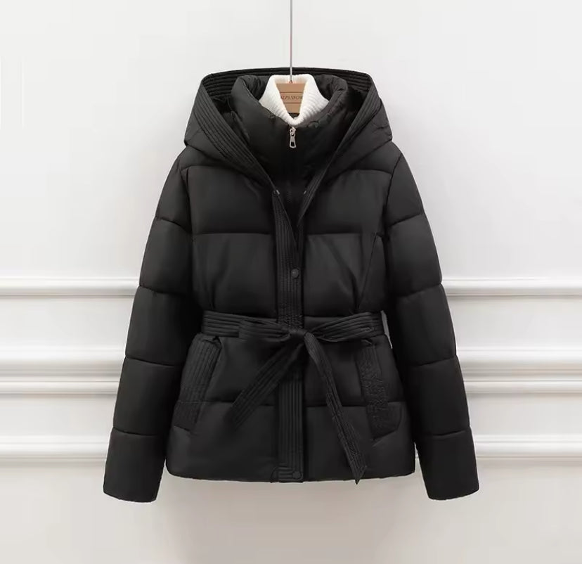 Hooded Tie Up Waist Puffer Jacket