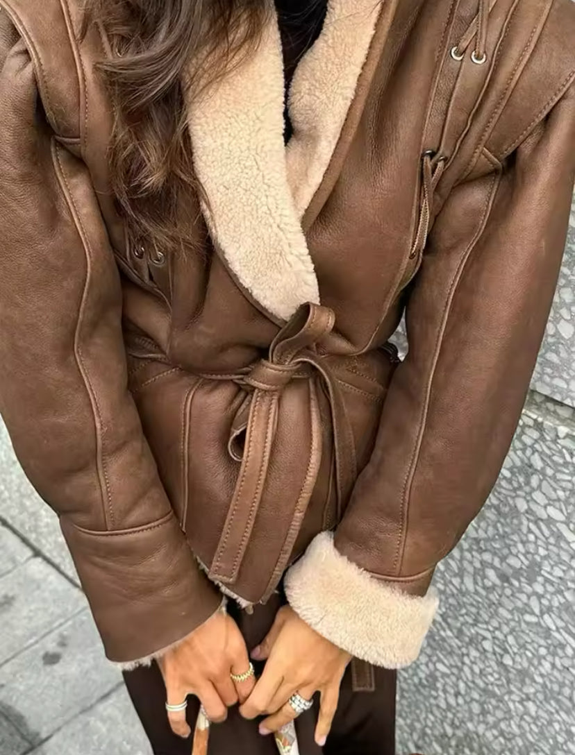 Fur Lined Faux Leather Tie Up Waist Jacket