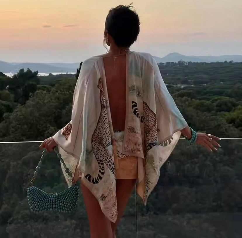 Animal Print Backless Kimono Mini Dress
