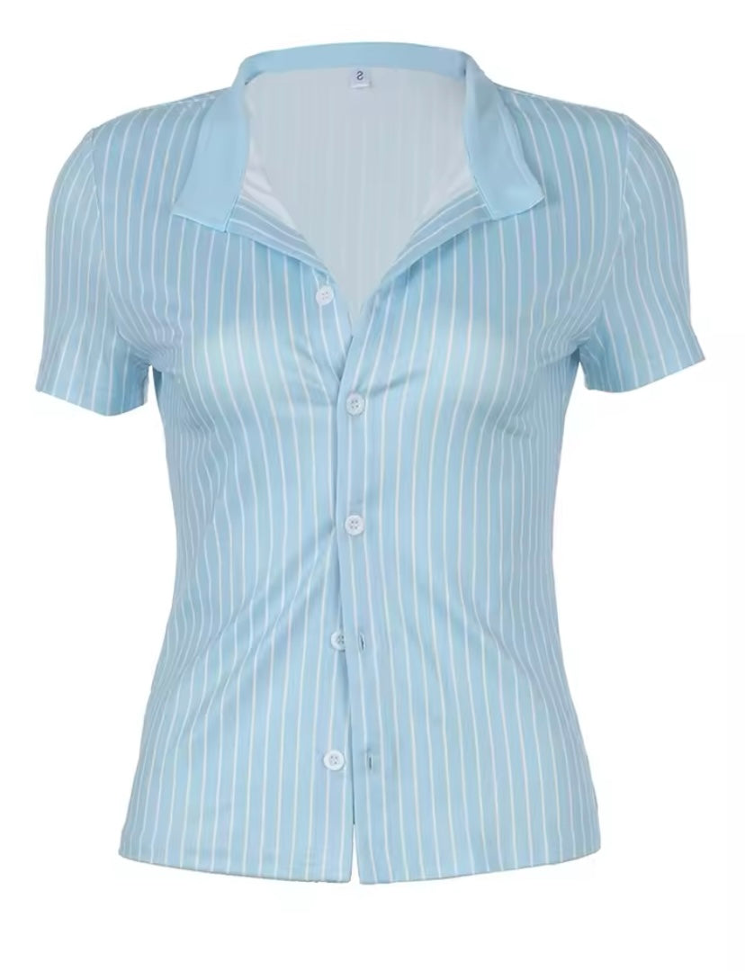 Blue & White Fitted Button Up Shirt Style T-Shirt