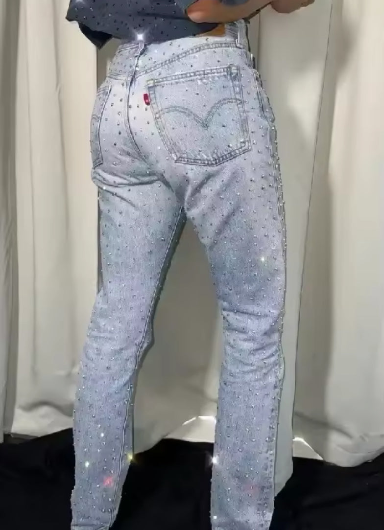 Multicoloured Diamanté Embellished Straight Leg Blue Denim Jeans