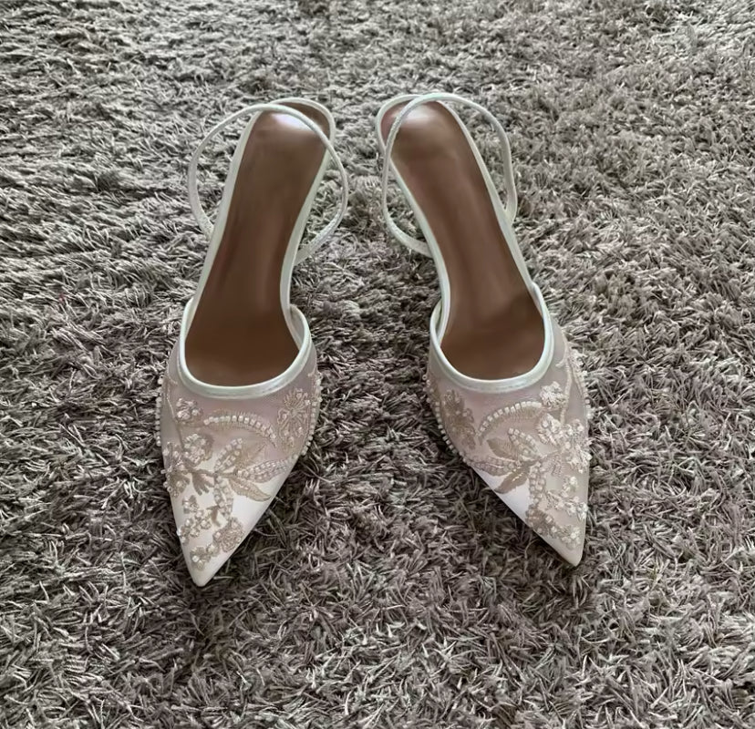 Mesh Embroidered Slingback Pointed Heel