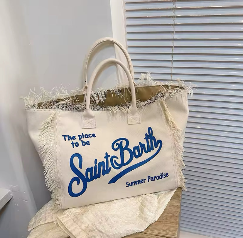 Large Slogan Print Frayed Canvas Tassel Tote Shoulder Bag