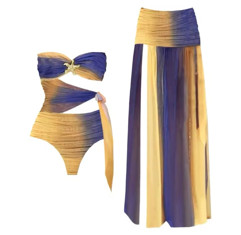 Tie Dye Starfish Detail Bandeau Swimsuit & Skirt Set