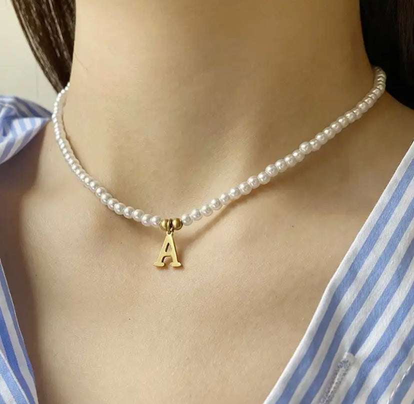 Pearl Bead Gold Initial Necklace