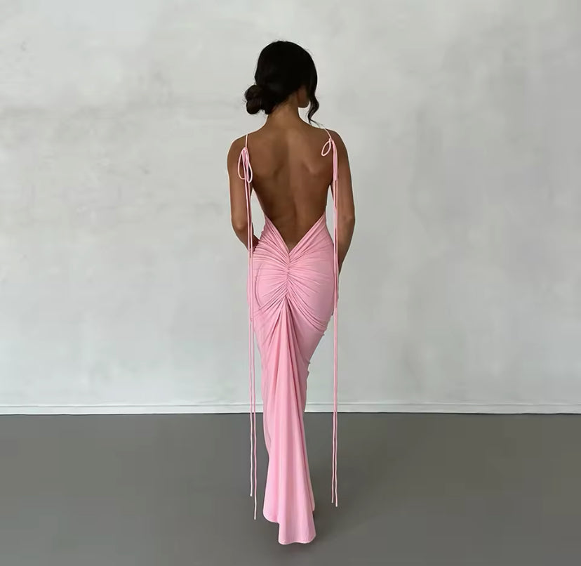 Ruched Backless Tie Up Maxi Dress
