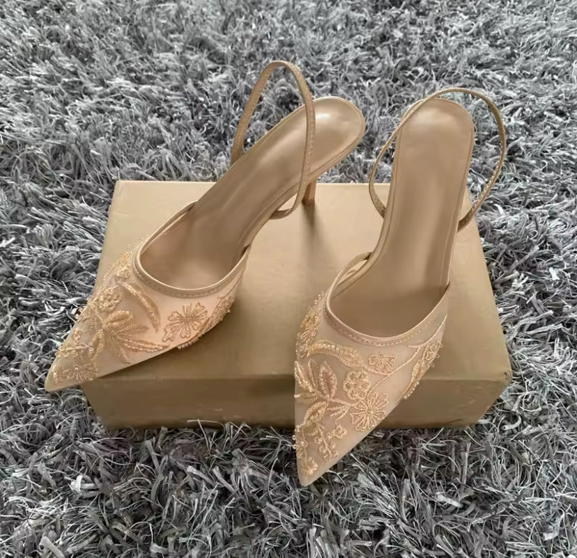 Mesh Embroidered Slingback Pointed Heel