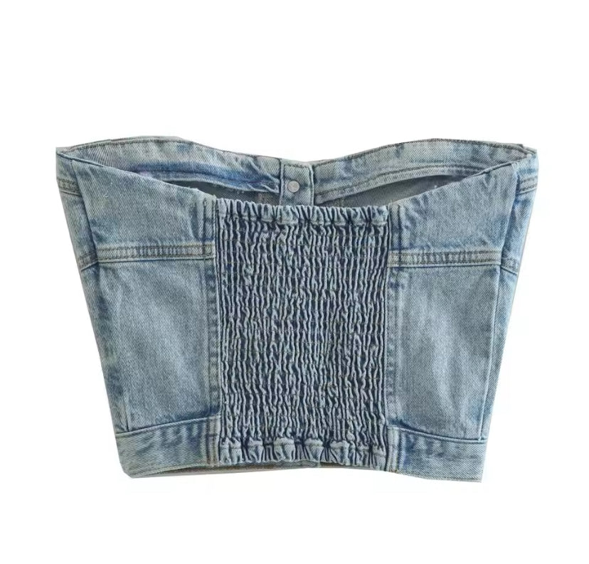 Denim Button Up Bandeau Crop Top