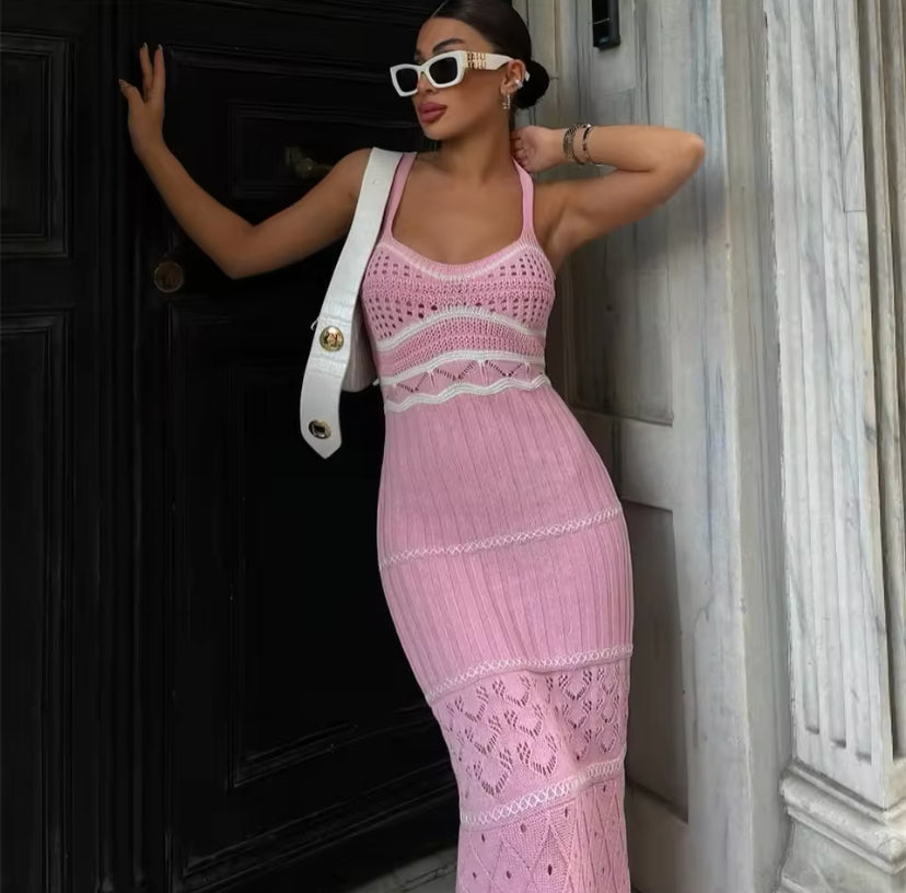 Crochet Knitted Patterned Side Split Maxi Dress