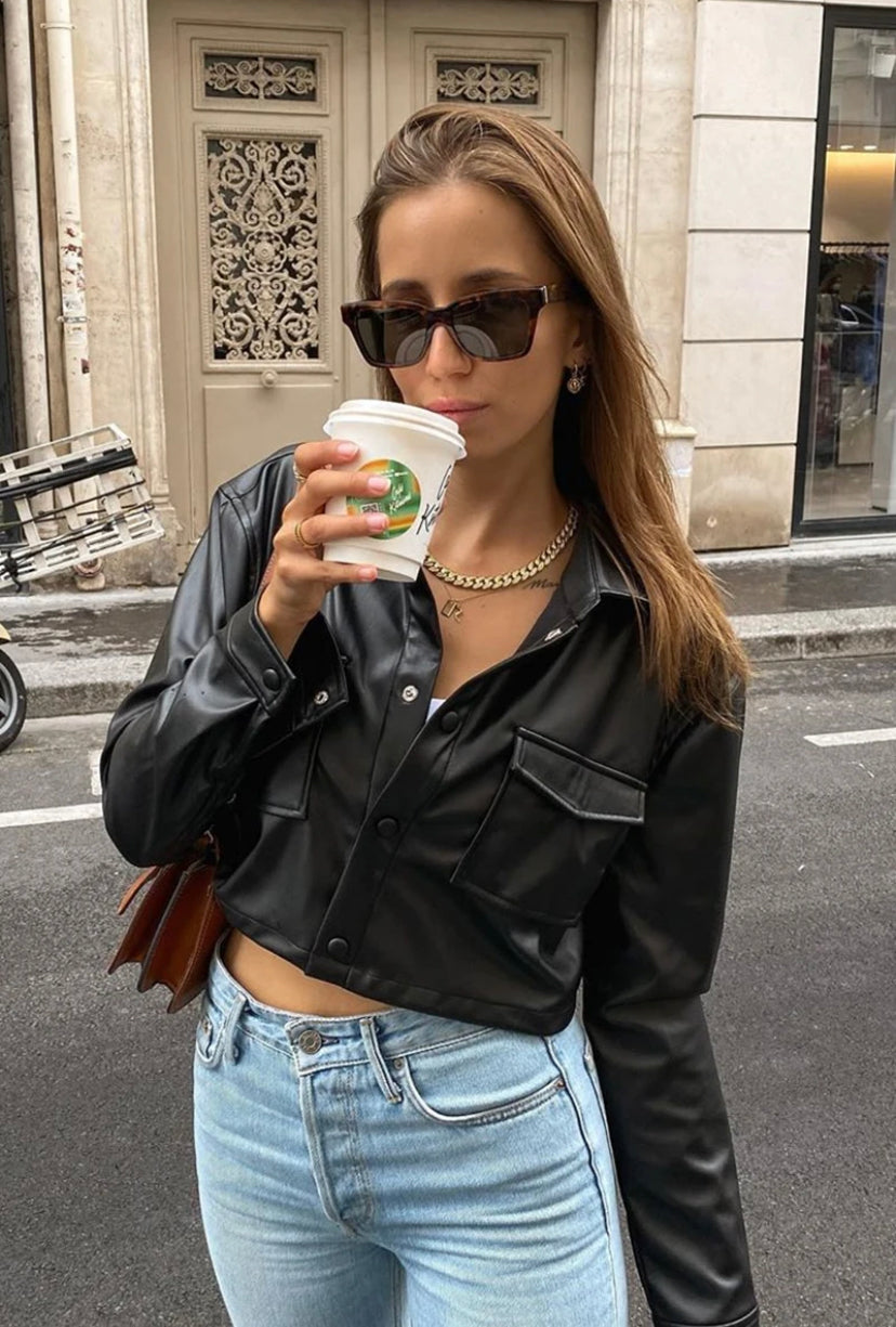 Cropped Faux Leather Jacket