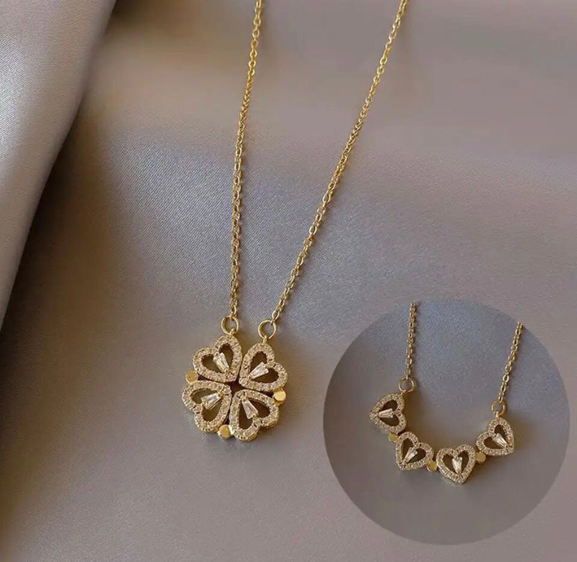Magnetic Sparkly Heart Shape Four Leaf Clover Necklace