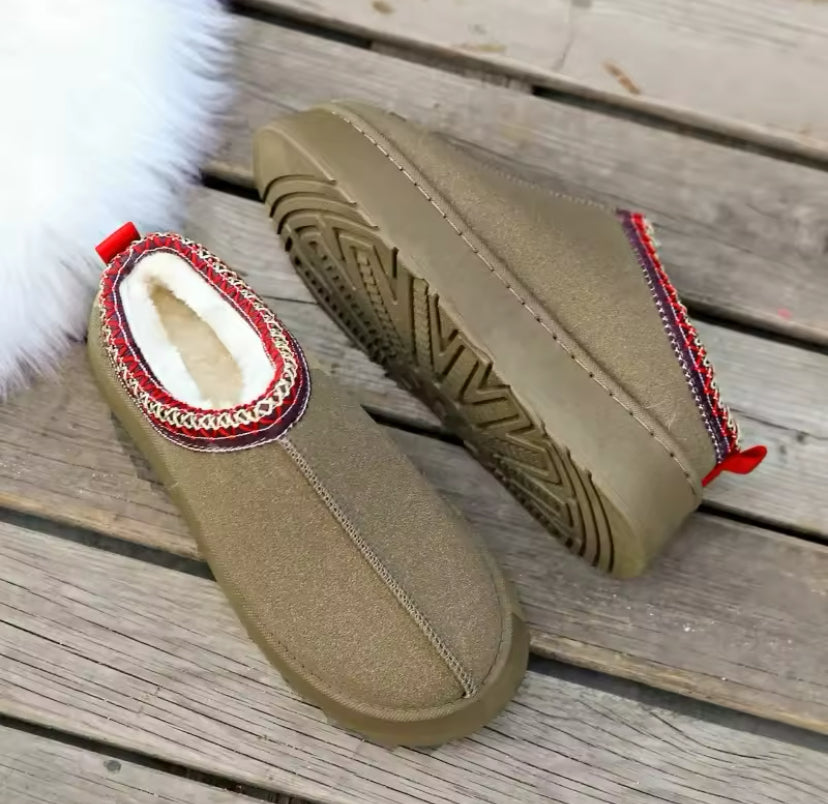 Fur Lined Suede Low Top Slip On Winter Boots