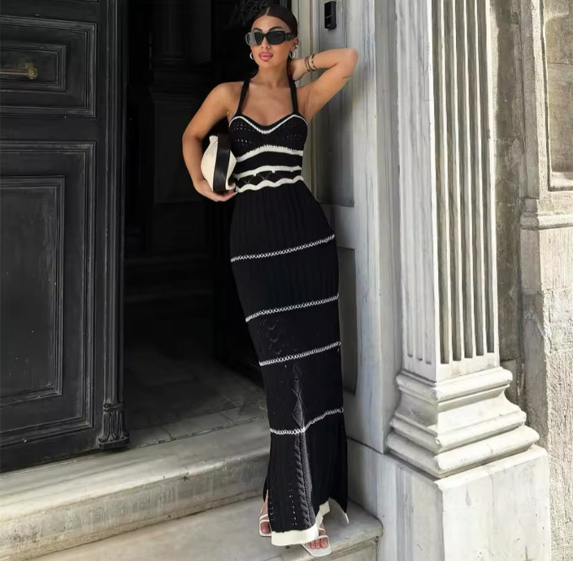 Crochet Knitted Patterned Side Split Maxi Dress