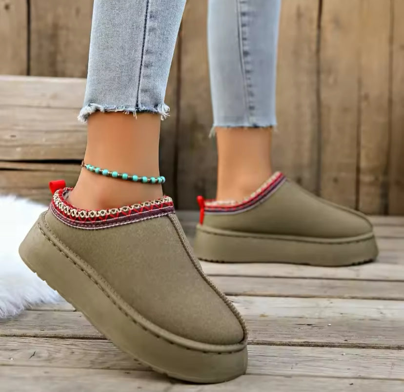 Fur Lined Suede Low Top Slip On Winter Boots