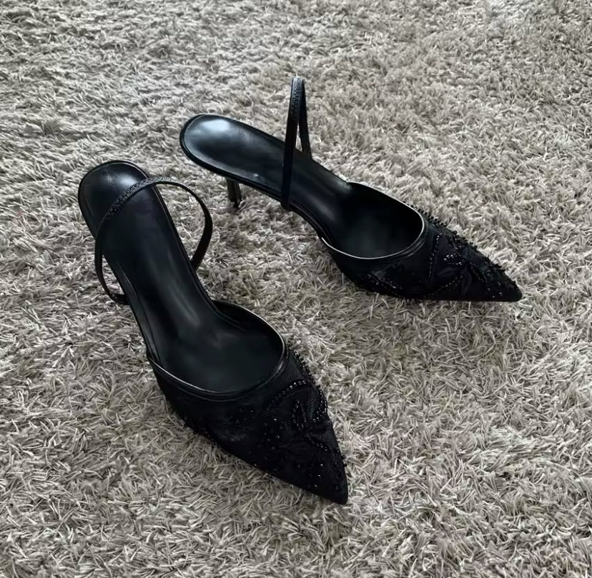Mesh Embroidered Slingback Pointed Heel