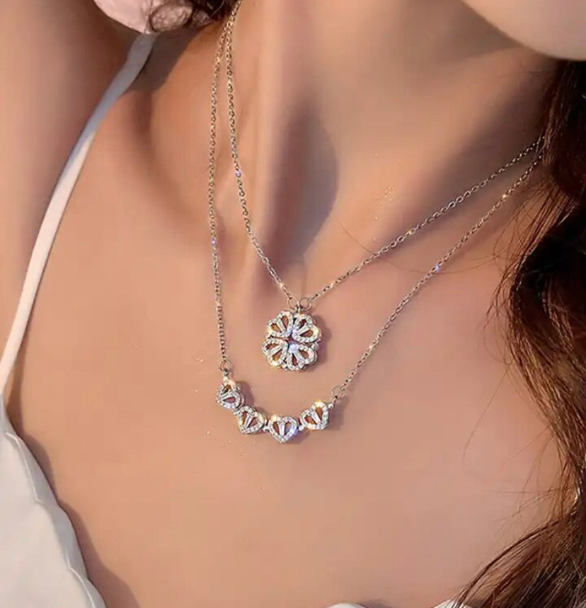 Magnetic Sparkly Heart Shape Four Leaf Clover Necklace