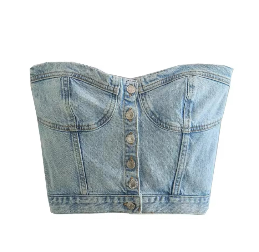 Denim Button Up Bandeau Crop Top