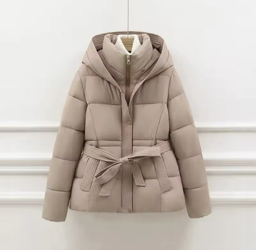 Hooded Tie Up Waist Puffer Jacket