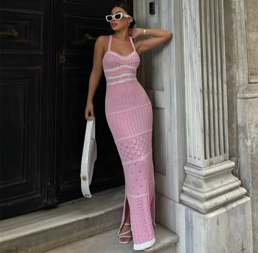 Crochet Knitted Patterned Side Split Maxi Dress