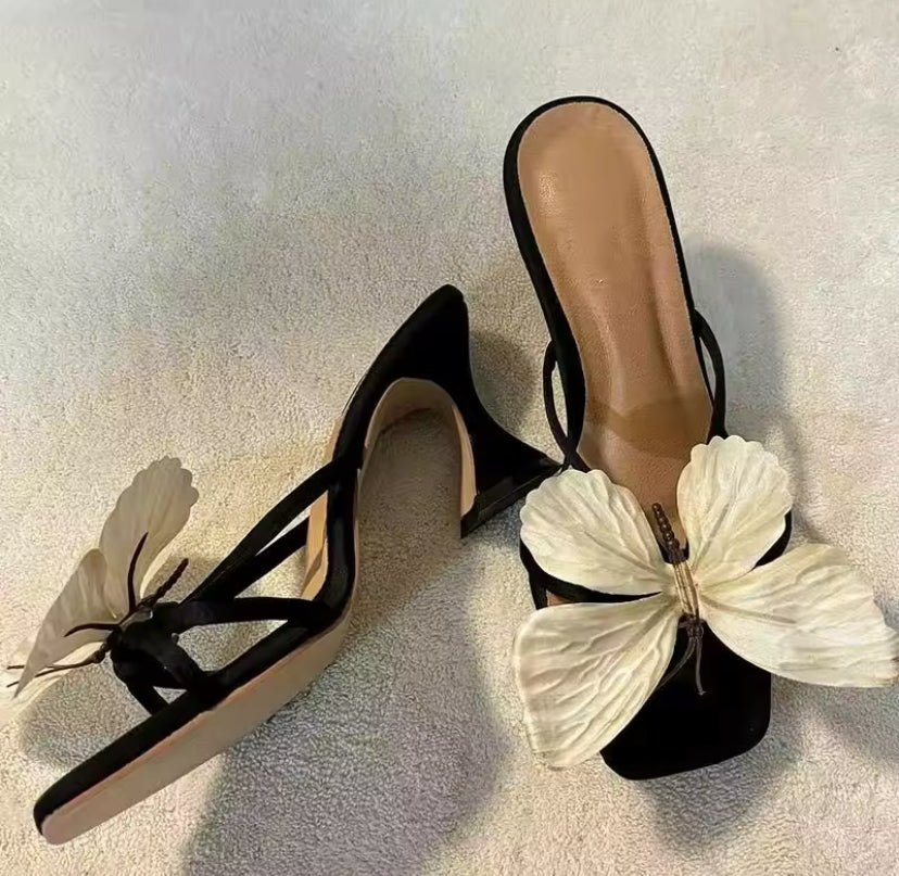 Butterfly Detail Open Toe Backless Heels