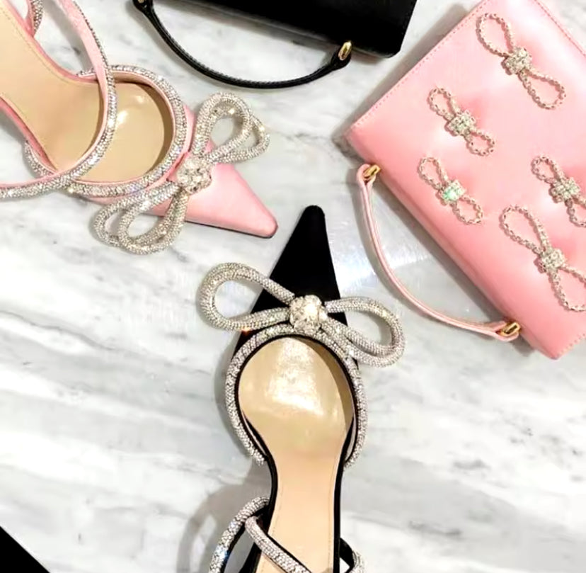 Sparkle Bow Detail Wrap-Around Satin Point-Toe Heels