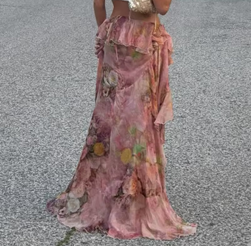 Floral Print Mesh Skirt