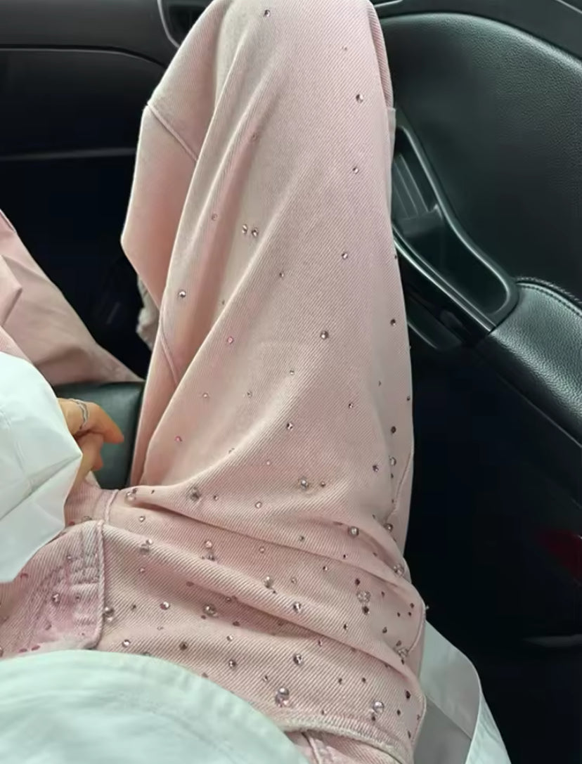 Pink Diamanté Embellished Straight Leg Jeans