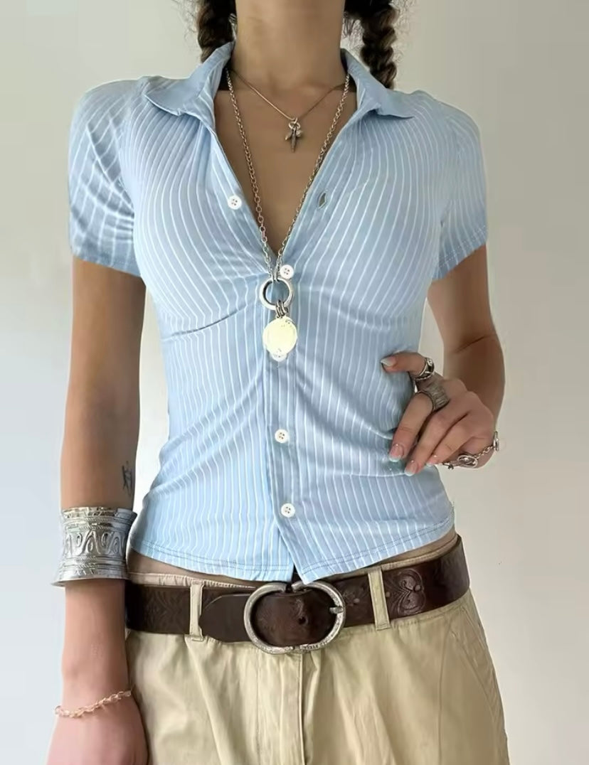 Blue & White Fitted Button Up Shirt Style T-Shirt