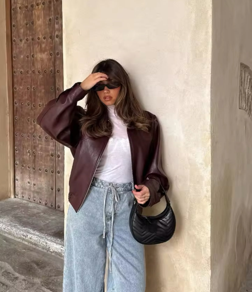 Burgundy Collared Zip Up Bomber Jacket