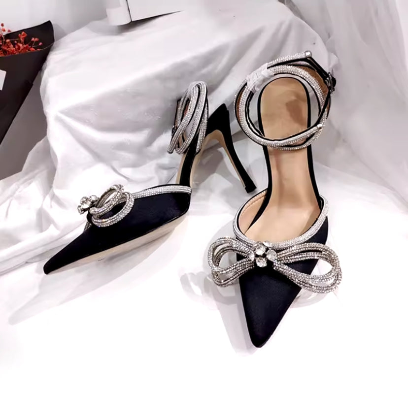 Sparkle Bow Detail Wrap-Around Satin Point-Toe Heels