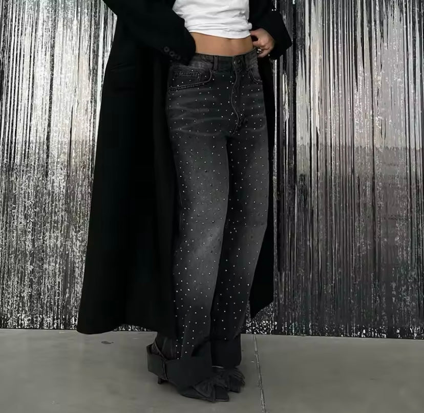 Faded Black Sparkly Diamanté Embellished Straight Leg Jeans