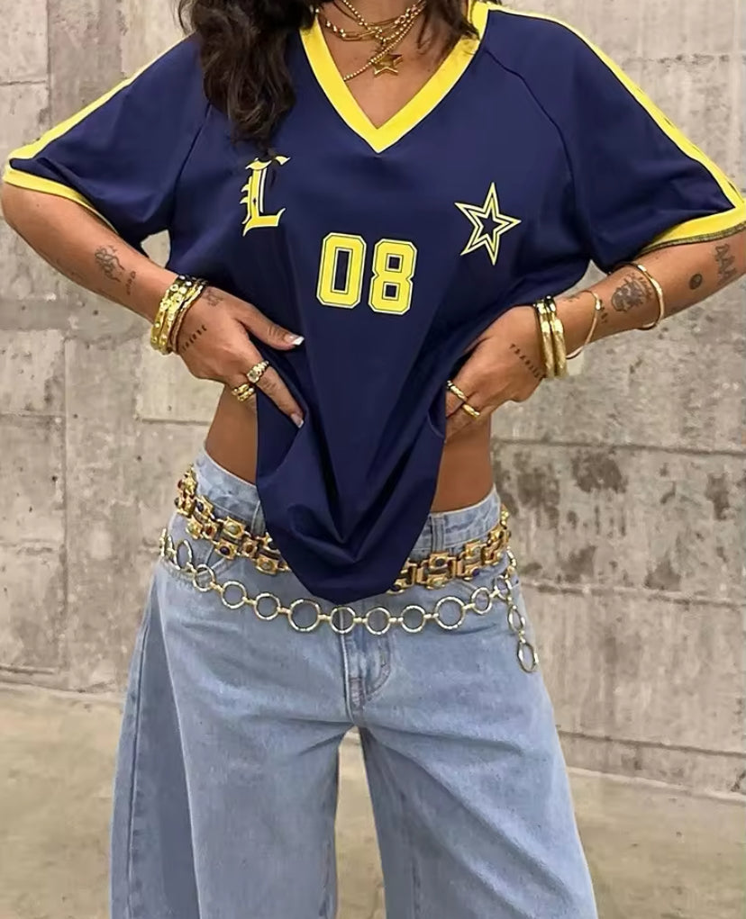 Oversized V-Neck Sports Jersey Top