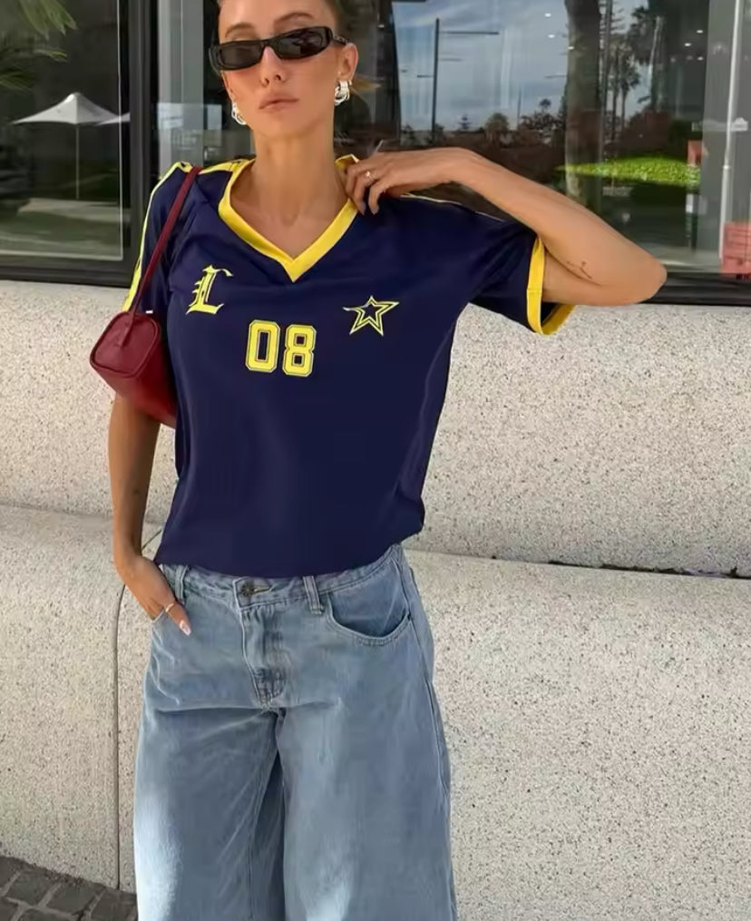 Oversized V-Neck Sports Jersey Top