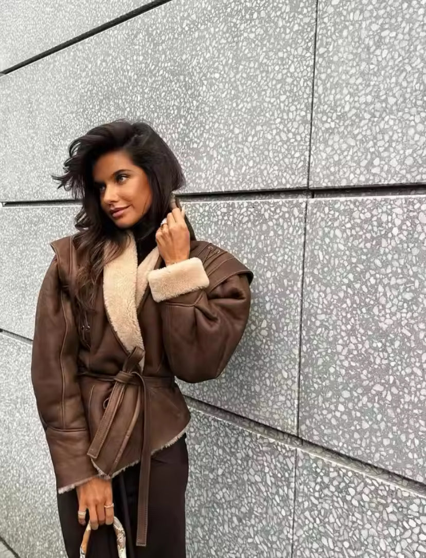 Fur Lined Faux Leather Tie Up Waist Jacket