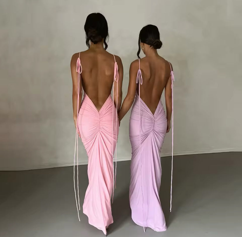 Ruched Backless Tie Up Maxi Dress