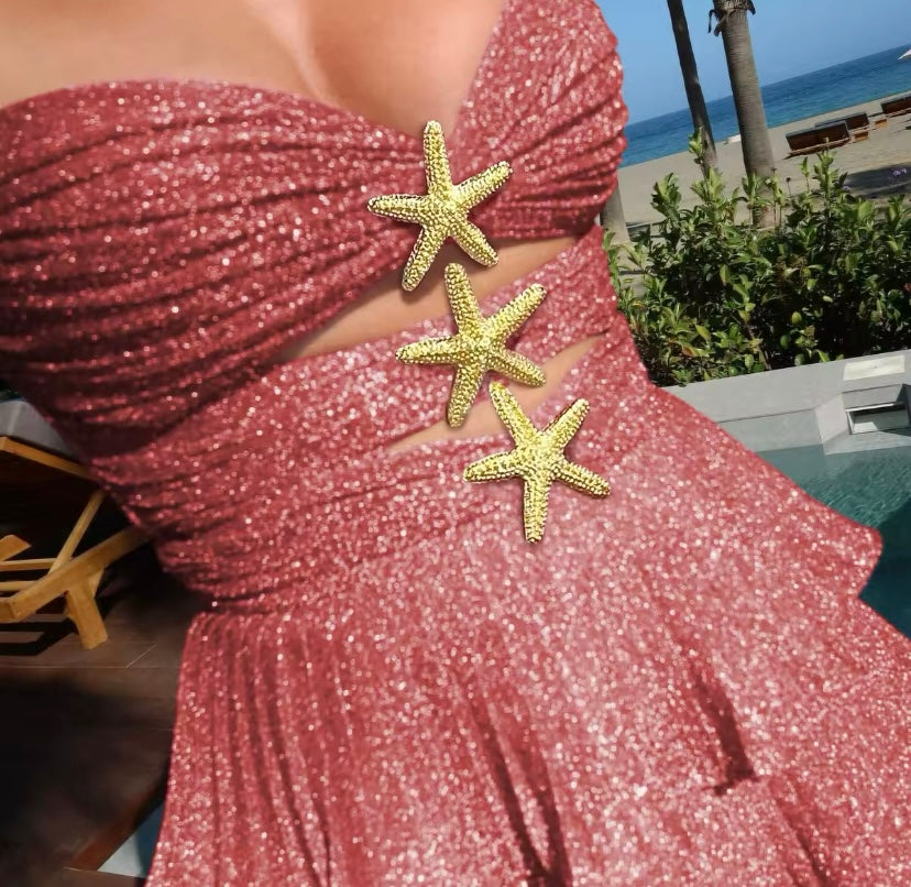 Pink Sparkly Cut Out Starfish Detail Mini Dress