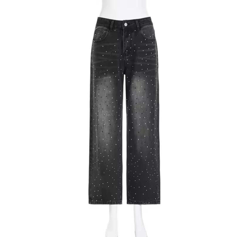Faded Black Sparkly Diamanté Embellished Straight Leg Jeans