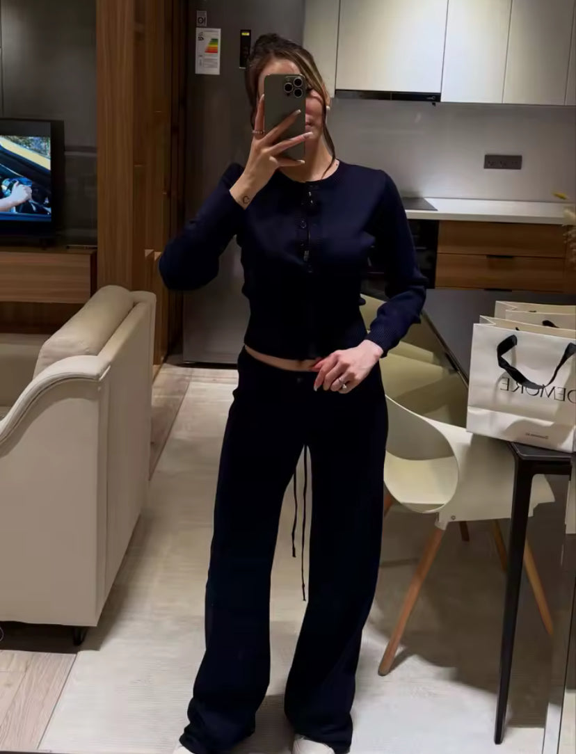 Ribbed Button Up Cardigan & Trouser Set