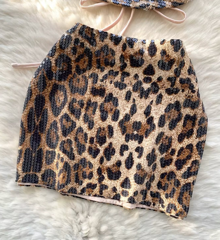 Sequin Leopard Print Hanging Halterneck Mini Skirt Co-Ord