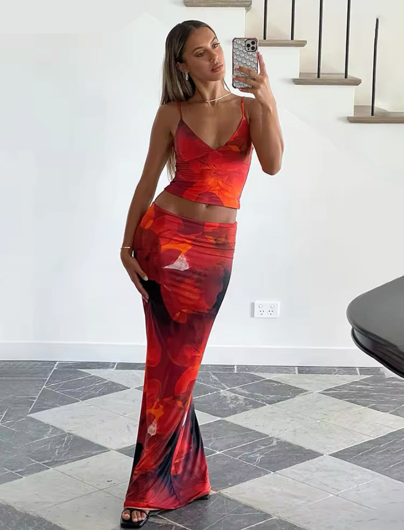 Red Patterned Maxi Skirt Co-Ord