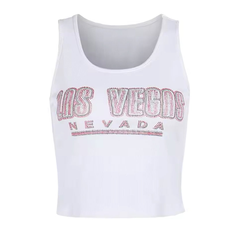 Diamante ‘Las Vegas’ Print Cropped Racerback Vest Top