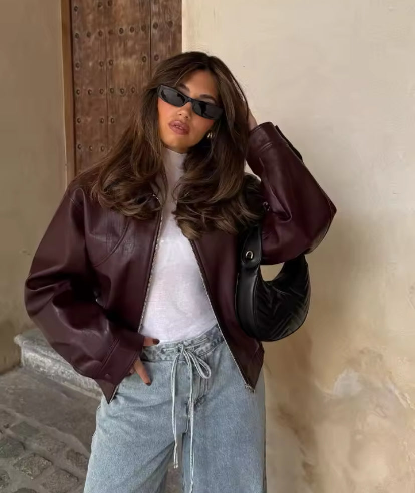 Burgundy Collared Zip Up Bomber Jacket