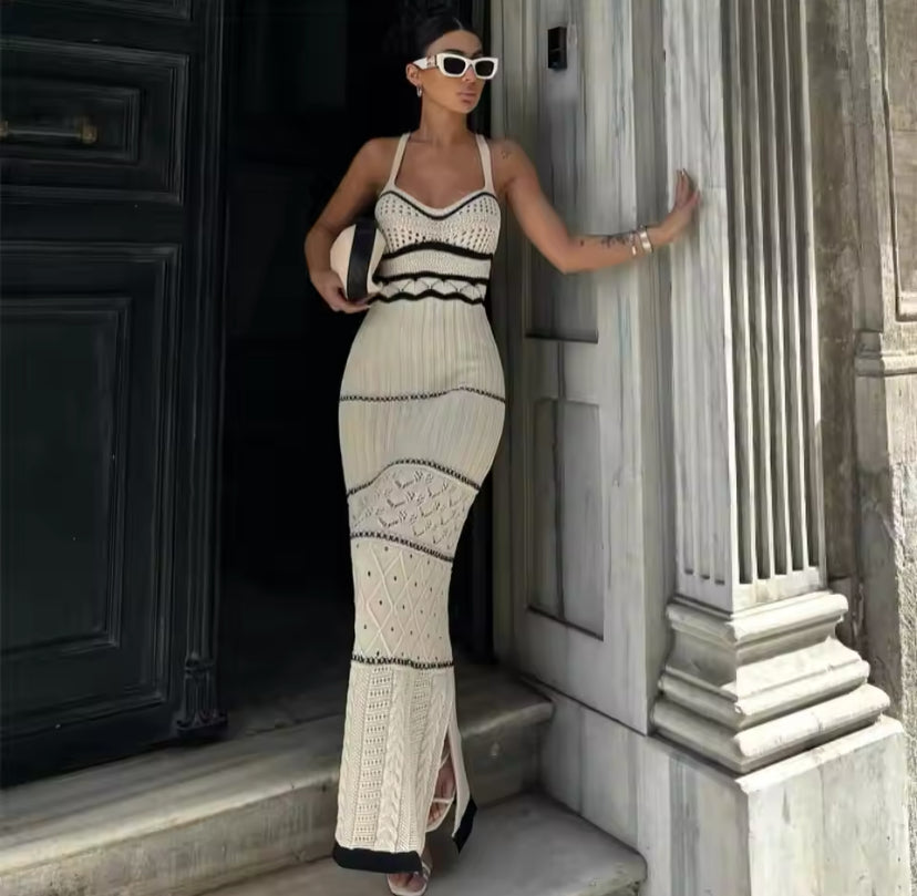 Crochet Knitted Patterned Side Split Maxi Dress