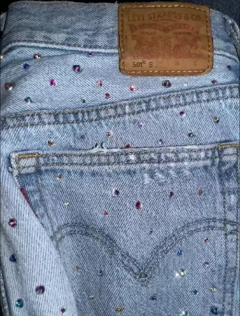 Multicoloured Diamanté Embellished Straight Leg Blue Denim Jeans