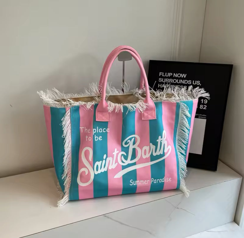 Large Slogan Print Frayed Canvas Tassel Tote Shoulder Bag