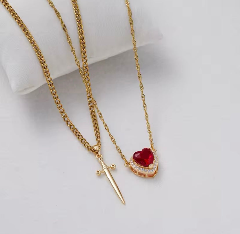 Heart & Sword Necklace Set